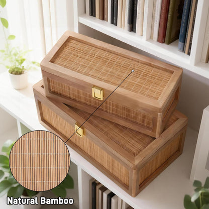 Natural Bamboo Decorative Box with Lids, Unique Decorative Boxes Set of 2, Boho Wedding Keepsake Box, Memory Box with Lid for Crafts, Trinkets and Photo Storage2
