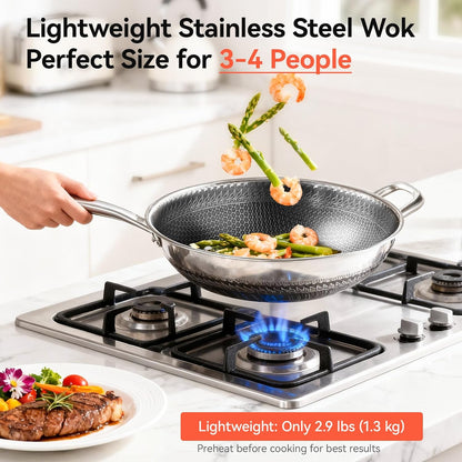 Stainless Steel Wok Pan with Lid, 12.6 Inch Honeycomb Hybrid Nonstick Stir Fry Pan, Tri-Ply Clad Skillet for Induction Electric Gas Stove, Dishwasher Safe, No Seasoning Needed (Serves 3-4)3