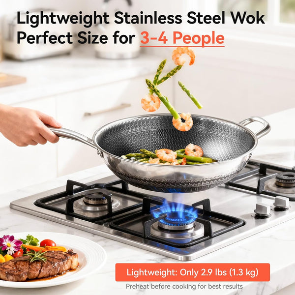 Stainless Steel Wok Pan with Lid, 12.6 Inch Honeycomb Hybrid Nonstick Stir Fry Pan, Tri-Ply Clad Skillet for Induction Electric Gas Stove, Dishwasher Safe, No Seasoning Needed (Serves 3-4)3