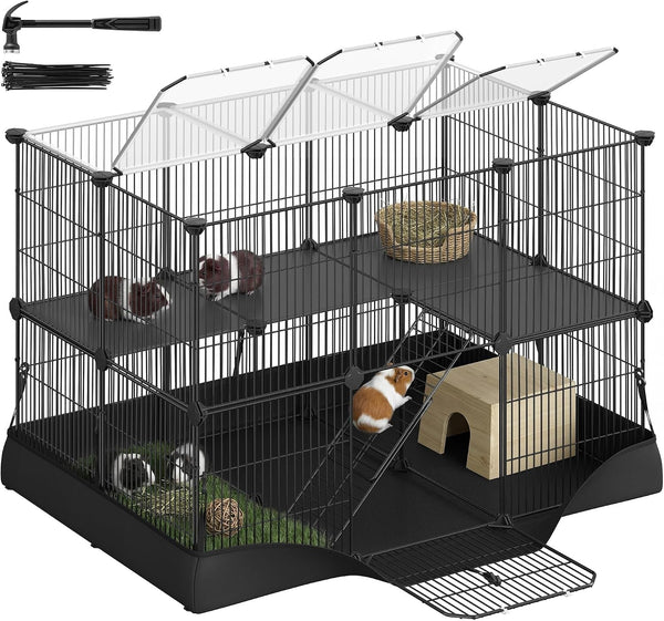SONGMICS 20 Panels Pet Playpen with Floor, Small Animal Playpen, Pet Fence Indoor, DIY Plastic Enclosure for Guinea Pigs, Bunny, Hamsters, Hedgehogs, 49.2 X 24.8 X 16.5 Inches, White ULPC001W0111