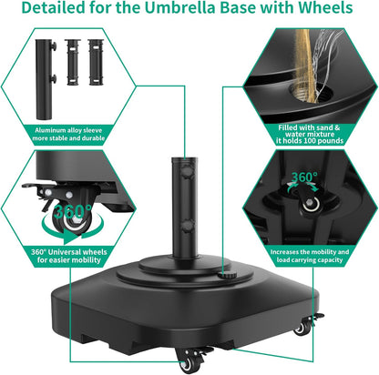 Umbrella Base with Wheels, Umbrella Stand Heavy Duty 100Lb Windproof | Fillable Umbrella Base Mobile Square Umbrella Stand Outdoor Base for Patio, Deck, Poolside, Lawn, Fits Most Sized Umbrellas5