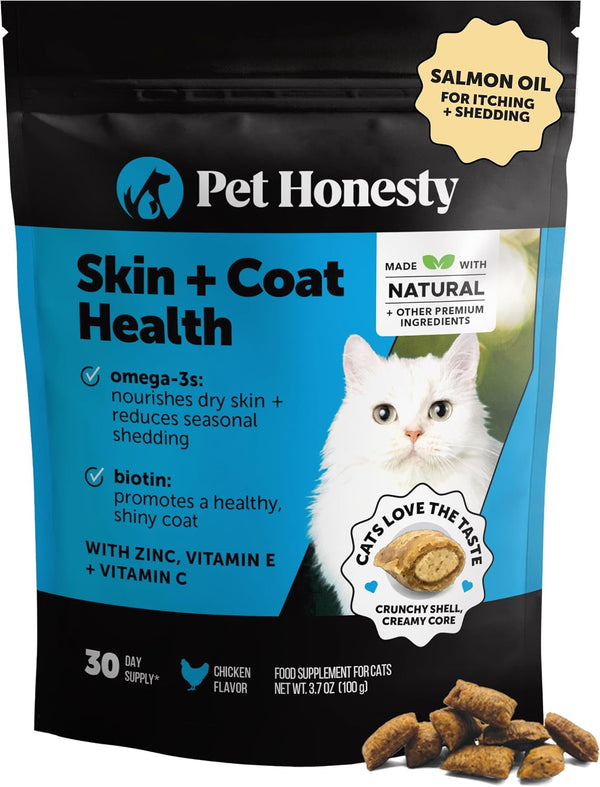 Cat Skin & Coat Supplement Crunchy Creamy Chews - Salmon Oil for Cats Omega 3 Itchy Dry Skin Relief - Feline Shedding Control - Biotin Vitamins for Indoor Cats Shiny Soft Coat (30-Day Supply)1