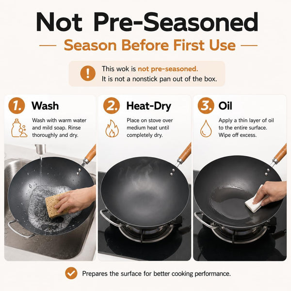 12.6 Inch Carbon Steel Wok with Lid, Flat Bottom Wok Pan for Induction, Electric and Gas Stoves, Uncoated Chinese Stir Fry Pan with Wooden Handle8