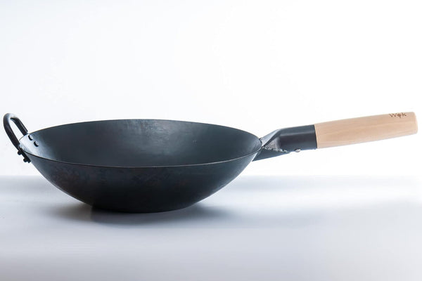 Black13 Flat Pre-Seasoned Hammered Carbon Steel Wok with Wooden and Steel Helper Handle (13 Inch, Flat Bottom)3