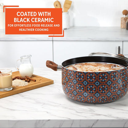 10 Qt Talavera Aluminum Black Ceramic Dutch Oven with Glass Lid | Black Ceramic Nonstick Coating, Woodlook Handles with Glass Lid, Ideal for Rice and Stews, Great for Family Gatherings4