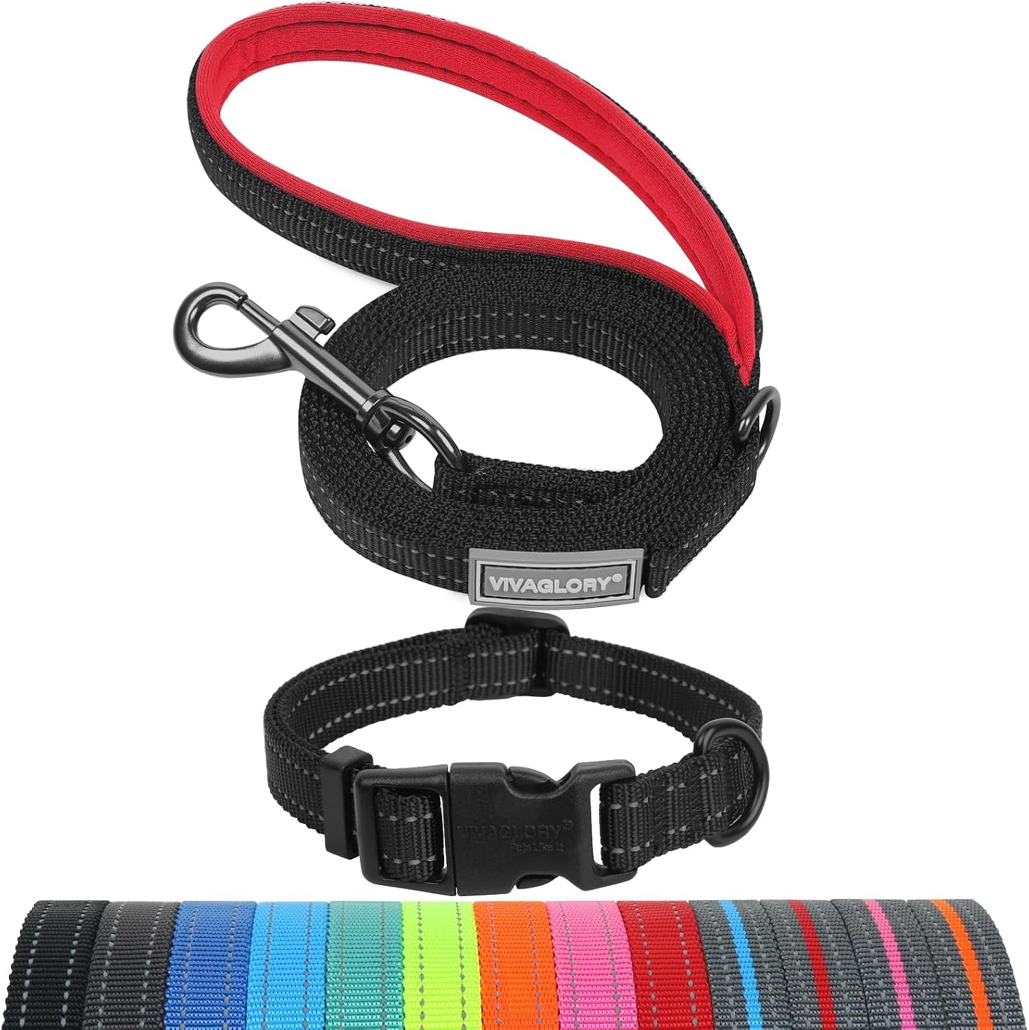 vivaglory-dog-leash-puppy-leash-for-collar-3ft-x-1in-black-with-soft-padded-handle-for-training-walking-heavy-duty-double-layer-nylon-pet-puppy