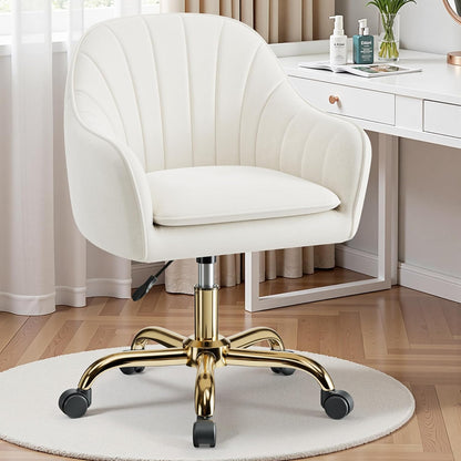 Vanity Chair with Wheels, Comfy Home Office Desk Chairs Adjustable Modern Velvet Makeup Vanity Chairs for Bedroom Living Room-Beige2