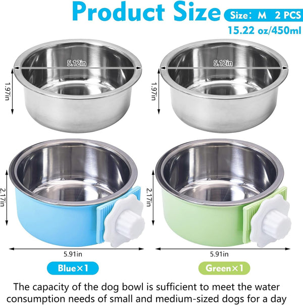 Kathson Crate Dog Bowl, Removable Stainless Steel Hanging Pet Kennel Cage Bowl Food & Water Feeder Coop Cup for Puppy, Cat, Rabbit, Guinea Pigs Ferret Bird (2 PCS, Size: M, Blue and Green)2
