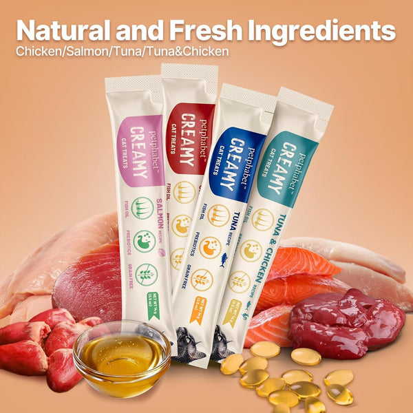 PETPHABET Lickable Cat Treats Squeeze, 4 Flavors Variety Pack 20 Tubes | Creamy Puree Squeezable Wet, Skin & Coat Health, Digestive Care, High Protein, Grain Free3
