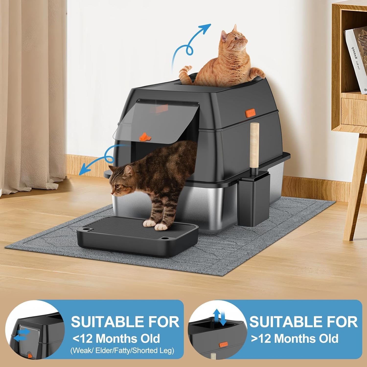 stainless-steel-litter-box-with-lid-front-entry-top-exit-kitty-litterbox-extra-large-enclosed-metal-cat-box-with-litter-scoop-litter-mat-black