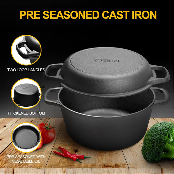 2-In-1 Pre-Seasoned Cast Iron Dutch Oven Pot with Skillet Lid Cooking Pan, Cast Iron Skillet Cookware Pan Set with Dual Handles, Indoor Outdoor for Bread/Frying/Baking/Camping/Bbq, 5 Qt5