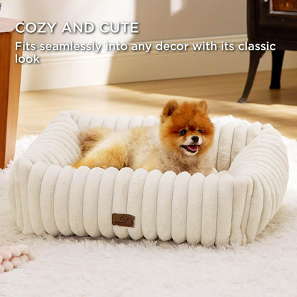 Bedsure Comfyfleece™ Cute Dog Bed for Small Medium Dogs Washable,25In Cream | Furry Puppy Beds,Square Rectangle Orthopedic Corduroy Aesthetic Pet Beds,Removable Zipper Cover,Non-Slip Bottom,Up to 15 Lbs4
