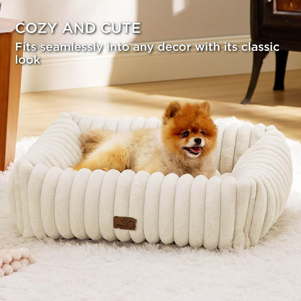 Bedsure Comfyfleece™ Cute Dog Bed for Small Medium Dogs Washable,25In Cream | Furry Puppy Beds,Square Rectangle Orthopedic Corduroy Aesthetic Pet Beds,Removable Zipper Cover,Non-Slip Bottom,Up to 15 Lbs4