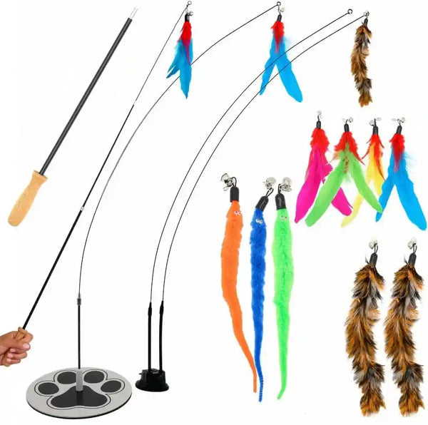 18-Piece Interactive Cat Toys for Indoor Cats, Cat Stuff Heavy Duty Self-Holding Floor Base & Suction Cup - Durable Feather Wand Bird Simulation Self Play Kitten Toys for Bored Adult Cats Juguete Gato11
