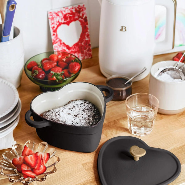 2QT Cast Iron Dutch Oven, Enameled Heart Shaped Casserole Dish with Lid, Oven Safe 500°F, Small Dutch Oven for Baking, Braising, Soups & Desserts (Black Sesame)2