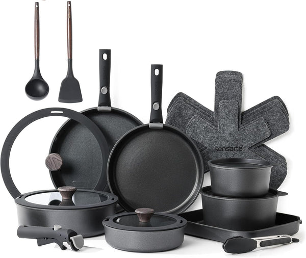24 Piece Nonstick Detachable Handle Pots and Pans Set Black | Removable Handle Cookware Set, Induction Cookware Set with Removable Handle, Healthy Non Stick for RV, Dishwasher ＆ Oven Safe1