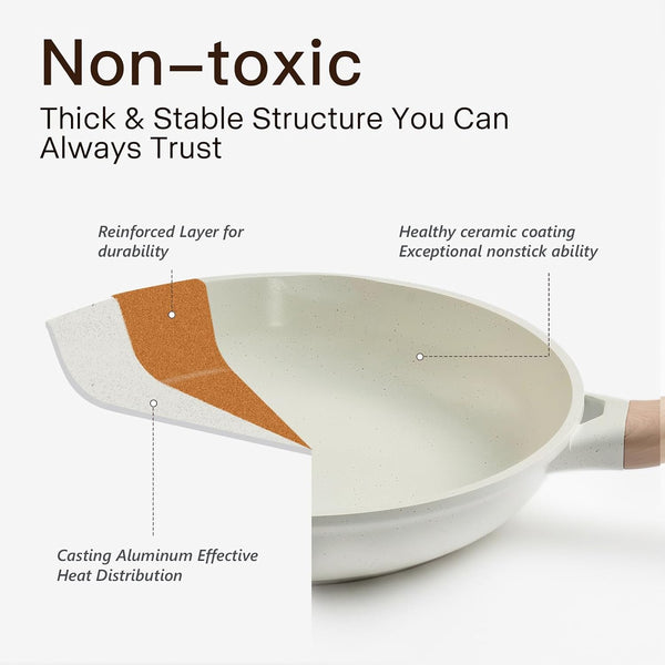 22 Pcs Cream Titanium Nonstick Pots & Pans, Induction & Gas | Ultra-Durable Titanium Nonstick Coating, Warm Cream Aesthetic, Heat-Resistant Wood Handles, Suitable for All Stove Induction4