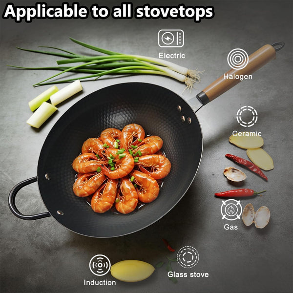 Nonstick Wok,Carbon Steel Wok 12.8-Inch Pan with Glass Lid,Woks & Stir-Fry Pans for Frying Electric,Induction,Gas Stoves Cooking4