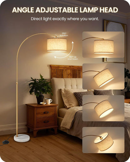 75" Arc Floor Lamp with Marble Base and Adjustable Height, Rotating Hanging Shade, Dimmable Gold Floor Lamp for Living Room with Remote and Foot Switch, 3 Color Temperatures, Timer, DE15LD056