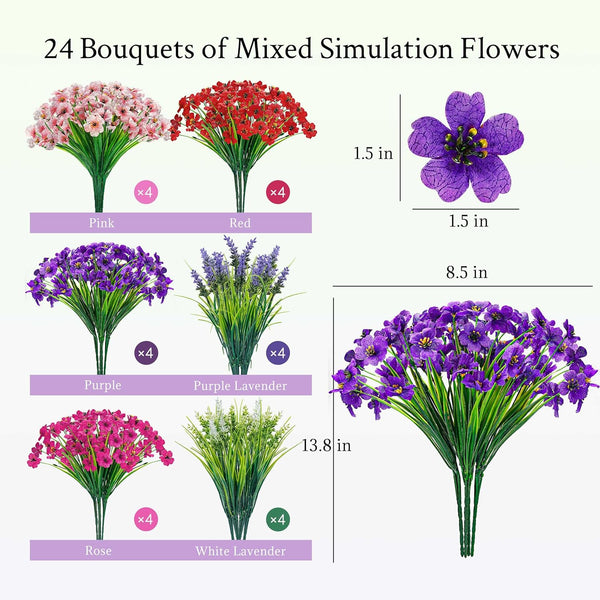 24 Bundles UV Resistant Artificial Flowers for Outdoors Mixed Colors Fake Flowers for Garden Porch Patio Fence Decor3
