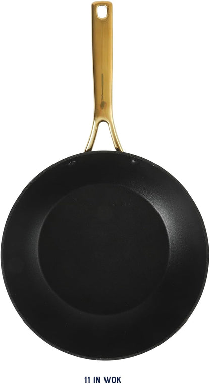 Oster Platinum Abbottsford 11-Inch Matte Black Ceramic Nonstick Wok with Gold Stainless Steel Handle — Flat Bottom, Oven & Induction Safe3