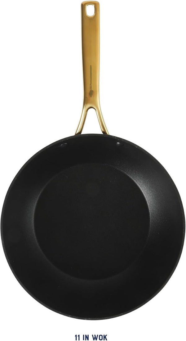 Oster Platinum Abbottsford 11-Inch Matte Black Ceramic Nonstick Wok with Gold Stainless Steel Handle — Flat Bottom, Oven & Induction Safe3