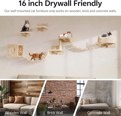 9-In-1 Cat Wall Shelves, Cat Wall Furniture Set with Bridge, Beige | Wall Mounted Cats Shelf for Space-Saving, Multi-Level Cat Climbing Systems for 16 Inch Drywall, with Scratching Posts, Condos6
