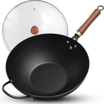 Wok with Lid, 13 Inch Carbon Steel Woks & Stir-Fry Pans Nonstick | Pre-Seasoned 5.6QT Flat Bottom Chinese Wok Pan with Lid, PFOA/PTFE Free Cookware Compatible with All Cooktops1