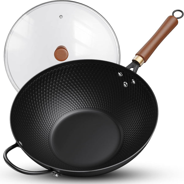 Wok with Lid, 13 Inch Carbon Steel Woks & Stir-Fry Pans Nonstick | Pre-Seasoned 5.6QT Flat Bottom Chinese Wok Pan with Lid, PFOA/PTFE Free Cookware Compatible with All Cooktops1
