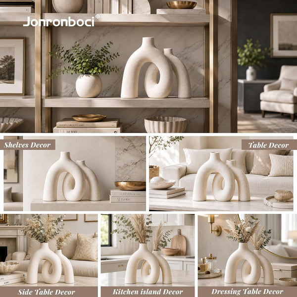 Hug Donut Decorative Vase Set - Modern Nordic Boho Style Vases Home Decor, Matte Ceramic Decorations for Living Room Shelf, Bookshelf Mantle Entryway Table or Console Décor (Cream White)8