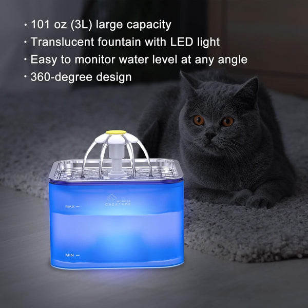 Wonder Creature Crystal Cat Water Fountain Stainless Steel Lid, 101Oz/3L | Pet Fountain with Transparent Base, Quiet Pump, LED Indicator Light, Triple Filtration, 3 Flow Modes for Cats and Dogs2