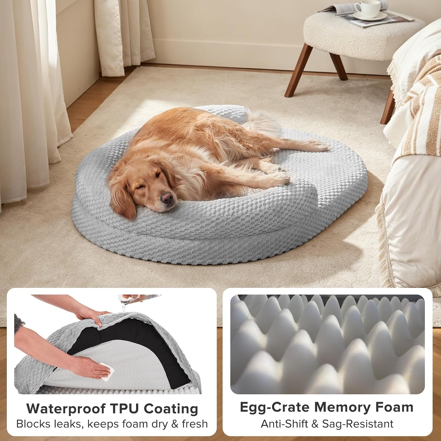 joejoy-xl-orthopedic-dog-beds-large-sized-dog-extra-large-washable-waterproof-oval-large-dog-bed-with-removable-cover-egg-crate-foam-pet-bed-with-bolster-non-skid-bottom-light-grey-42x31