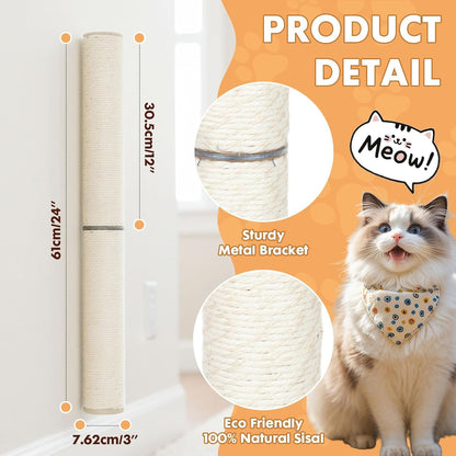Powerking Wall Mounted Cat Scratcher, 24" Vertical Sisal Scratching Post for Indoor Cats, Space-Saving Wall Cat Furniture with Natural Jute Rope & Rotatable Design2