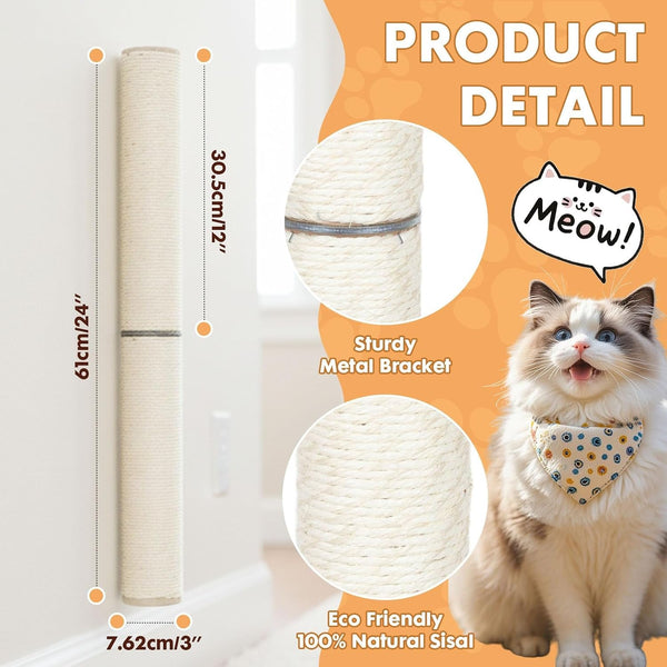 Powerking Wall Mounted Cat Scratcher, 24" Vertical Sisal Scratching Post for Indoor Cats, Space-Saving Wall Cat Furniture with Natural Jute Rope & Rotatable Design2