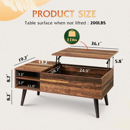 Lift Top Coffee Table with Hidden Storage, Adjustable Shelf, Brown | Mid Century Modern Wooden Coffee Table, for Dining/Living Rooms/Offices; 39.4"W X 19.7"D X 16.9"H3