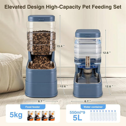 2 Pack Automatic Cat Feeder and Water Dispenser 1.3Gallon Dog Gravity Food Feeder and Water with Ice Pack Stainless Steel Dry Food and Waterer Bowl for Small Medium Large Pets (Blue)2