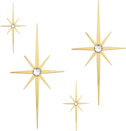 4 Pcs Star Wall Art for Home Decor Living Room Bedroom Office Metal 3D,Bling,With Hanging Hook Starburst Midcentury Sculpture Retro Gallery Accent Celestial -Gold 16.5In/9.4In1