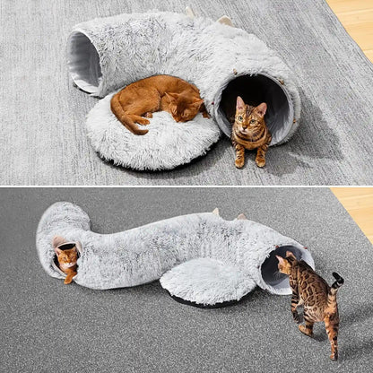 Cat Tunnel with Cat Bed for Indoor Cats, under Christmas Tree Soft Plush Peekaboo Cat Cave Donut Tunnel, Multifunctional Playground Toys Hideplace for Kittens, Rabbit, Ferret (Grey)3