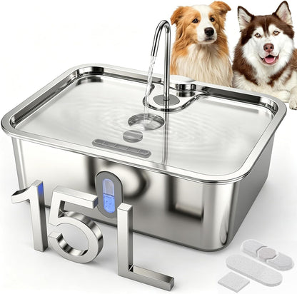 15L/4Gal Stainless Steel Dog Water Fountion Pet Fountain,1Set Filter | Ultra Quiet,Extra Large Capacity,5 Layer Filtration System,Water Level Window & LED Light, ,Visible Faucet Style Spout1
