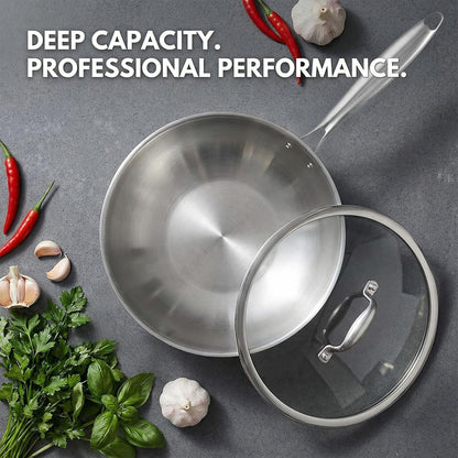 10 Inch Stainless Steel Wok Pan with Lid, Riveted Handle | Uncoated Tri-Ply Stainless Steel Stir Fry Pan, Everyday Cooking Wok for Induction, Flat Bottom, Dishwasher & Oven Safe4