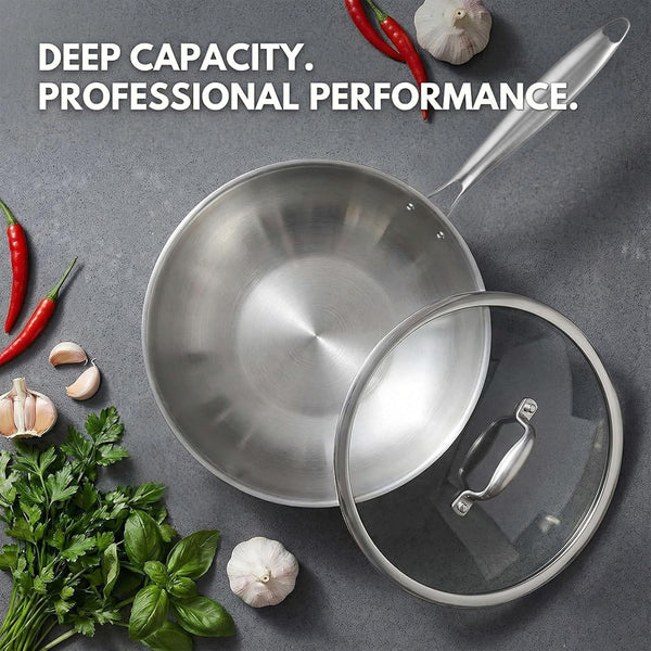 10 Inch Stainless Steel Wok Pan with Lid, Riveted Handle | Uncoated Tri-Ply Stainless Steel Stir Fry Pan, Everyday Cooking Wok for Induction, Flat Bottom, Dishwasher & Oven Safe4