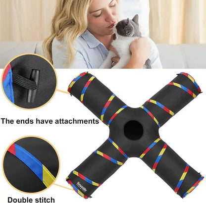 4 Way Large Cat Tunnels for Indoor Cats - 10" Diameter & 47" Long Play Tunnel Toy - Cat Tube with Play Ball & Mouse Toy - Interactive Peephole (Black)4