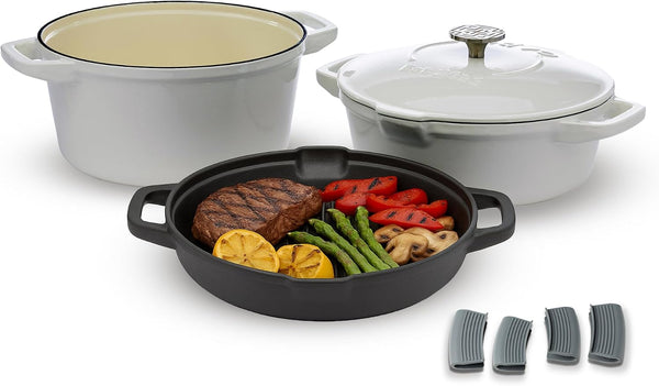 5Pc Stackable Cast Iron Cookware Set, Versatile Enamel Dutch Oven, Seasoned Grill Pan & Enamel Braiser with Precision Pour Spouts, Universal Lid, Included Spacers/Handle Holders, White Dutch1