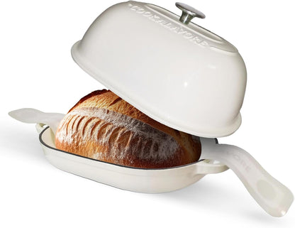 Cast Iron Bread Oven,6 QT Bread Oven,Thick Enameled Loaf Pan with Lid,Bread Pans for Homemade Bread,14.5"Dutch Oven for Bread Baking,Dutch Oven-With Silicone Baking Mat&Recipe,Gifts for Family,White1