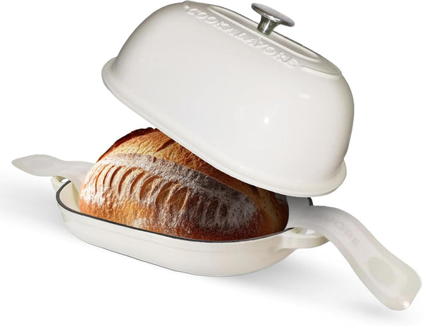 Cast Iron Bread Oven,6 QT Bread Oven,Thick Enameled Loaf Pan with Lid,Bread Pans for Homemade Bread,14.5"Dutch Oven for Bread Baking,Dutch Oven-With Silicone Baking Mat&Recipe,Gifts for Family,White1