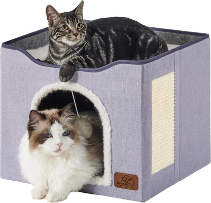 Bedsure Cat House Bed for Indoor Cats with Fluffy Ball and Scratch Pad,Grey | 16.5X16.5X13 In,Large Cat Cave for Multiple Pets,Foldable Cat Hideway Cube for Sleeping Kitten11