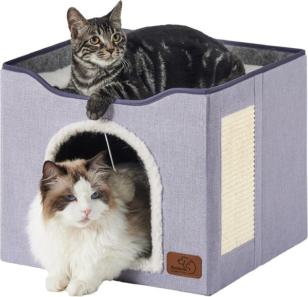 Bedsure Cat House Bed for Indoor Cats with Fluffy Ball and Scratch Pad,Grey | 16.5X16.5X13 In,Large Cat Cave for Multiple Pets,Foldable Cat Hideway Cube for Sleeping Kitten11
