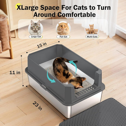 Stainless Steel Litter Box, Extra Large Litter Boxes for Big Cats, Xlarge Metal Cat Litter Box with Lid, Anti-Urine Leakage XL Box with High Sides, Easy Clean, Non-Sticky, Scoop Included4