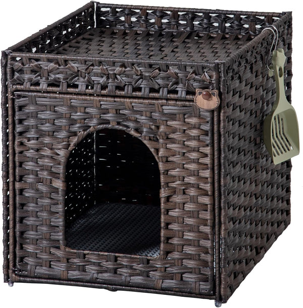 SETVSON Cat Litter Box Enclosure Furniture, Hidden Litter Box with Mat and Fence, Handwoven Rattan Cat House with Two S-Shaped Hooks for Living Room, Bedroom, 18.5 X 20.5 X 19.1 Inches (Natural)11