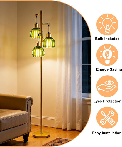 Glass Floor Lamp Green Lotus Flower Shade Dimmable Gold Floor Lamp | 3000K Bulbs Included 3-Light Modern Tall Floral Standing Lamp with 5Lbs Heavy Base for Living Room/Bedroom/Sofa Beside/Decor5
